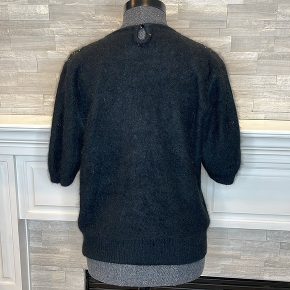 Vintage  Calavini 70s Black Angora Sweater Short Sleeve Beaded Venetian Lace M - Picture 8 of 9